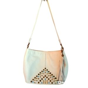 The sak shoulder handbag white pebbled leather turquoise and gold studding